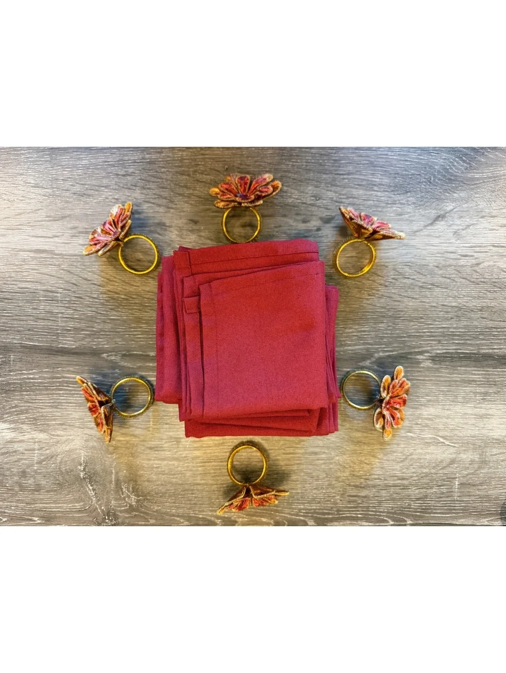 NEW Set of 12 Burgundy Cloth Napkins 20x20 & 6 Floral Gold Napkin Rings